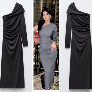 Zara gray asymmetrical draped ruched one sleeve midi maxi dress Sz S NWT